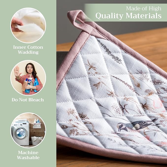 Maison d' Hermine Pot Holders 100% Cotton Potholders (8" x 8", Pack of 2) | Heat Resistant Hot Pads with Loop BBQ Cooking Farmhouse Kitchen Handling Hot Pans Spring Summer - Meadow Florals - Brown