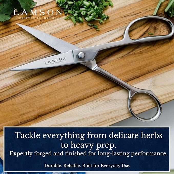 Lamson Kitchen Shears, 8 In Forged Take Apart Poultry Scissors | High-carbon steel cuts chicken bones, herb stems, twine and pizza; blades separate at the pivot; all stainless build