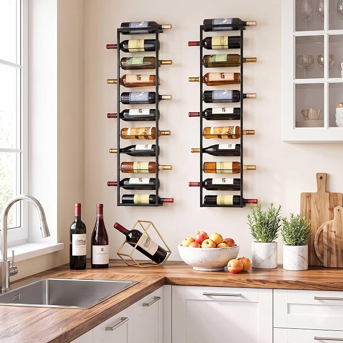 Wall Mounted Wine Rack: Metal Hanging 10 Bottle Wine Holder Liquor Storage | for Champagne & Magnum - Professional Grade for Wine Collectors - Rust-Resistant Matte Black Metal