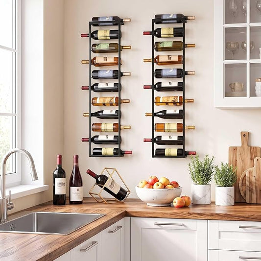 Wall Mounted Wine Rack: Metal Hanging 10 Bottle Wine Holder Liquor Storage | for Champagne & Magnum - Professional Grade for Wine Collectors - Rust-Resistant Matte Black Metal