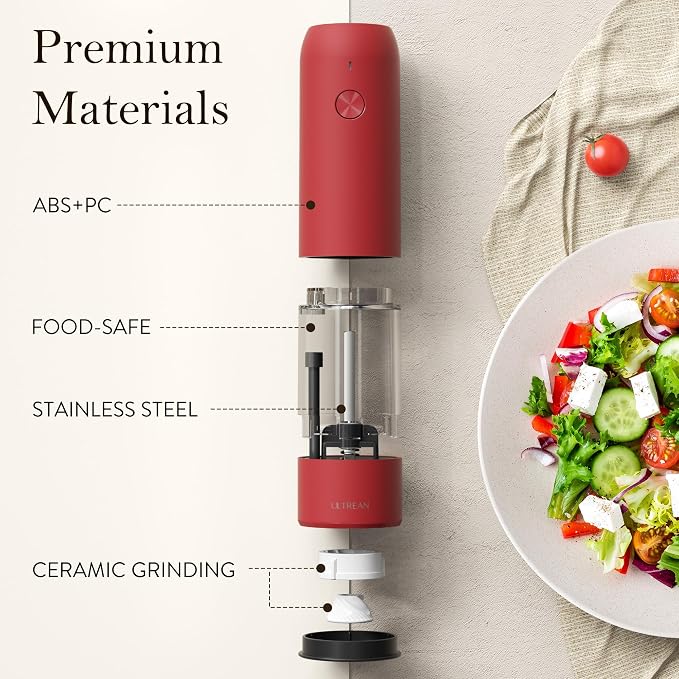 Ultrean Pepper Grinder, Rechargeable Salt and Pepper Grinder with 6 Adjustable Coarseness, LED Light, Automatic Salt and Pepper Shakers, Cooking Gifts Valentines Day Gifts for Women, Crimson Red