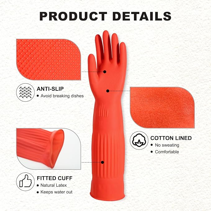 North Tower Kitchen Washing Room Gloves Fleece Lined, Reusable, Waterproof with Extra-Long Cuff & Anti-Slip Design for Household & Kitchen Use,15",2 Pairs Middle