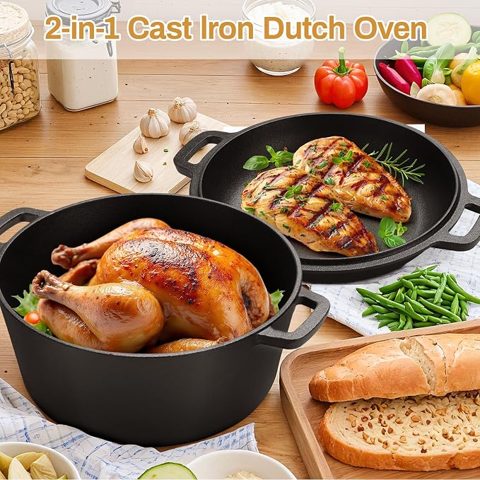 TLGREEN Cast Iron Dutch Oven 6.7QT Pot 2.5QT Skillet Lid Silicone Holders | Cast Iron Skillets, Heat Resistant Stand Included, Fits All Heat Sources for Outdoor Camping, Safe for Long High Temp Cooking