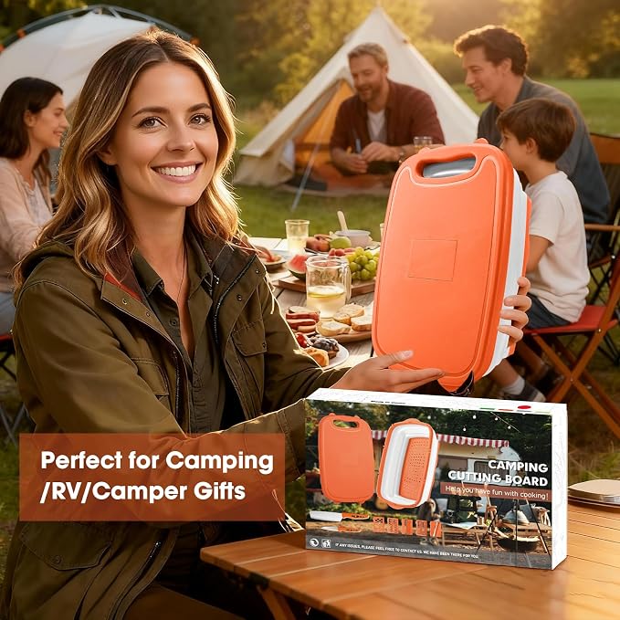 Gintan Camping Cutting Board, 9-in-1 Collapsible Chopping Board with Colander, Kitchen Vegetable Washing Basket for Camping, Camping Gifts Camping Accessories for RV Campers (orange)