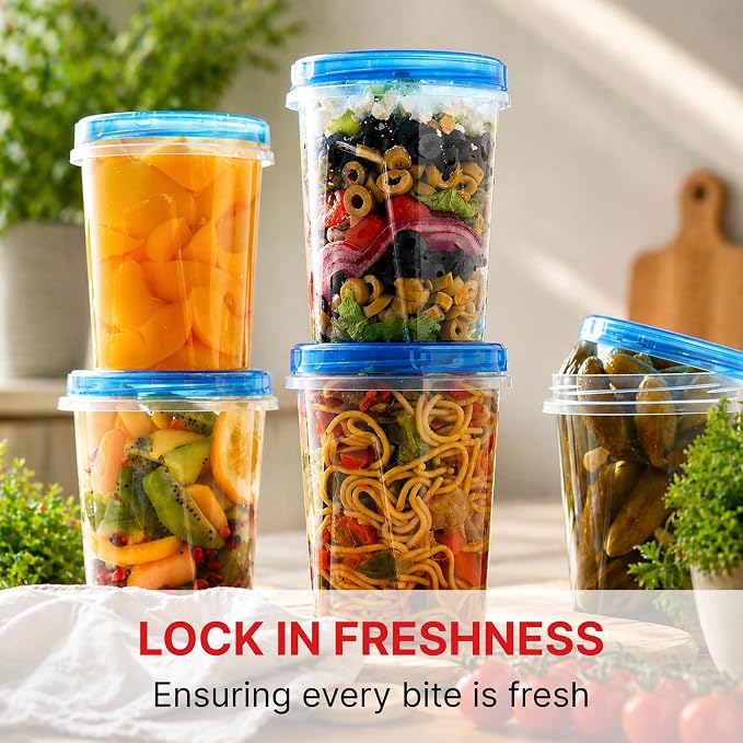 Tafura Freezer Storage Containers, 10 Pack, 32 Oz Leakproof BPA-Free Lids | Twist-top screw-on closures help prevent spills during storage, transport, and meal prep.
