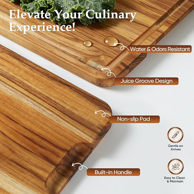 2 Pack Teak Cutting Board Wood Wooden Cutting Boards For Kitchen | Natural Non-toxic Teak Wood, Juice Groove Design, Slip Over Sink, Thoughtful Gift For Holiday Bridal Shower