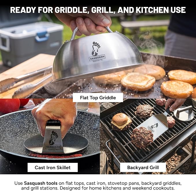 Smash Press, Stainless Steel, Round Flat Bottom Tool, 6 inch | Heavy Duty Hamburger Smasher Flat Top Built For Griddle, Grill and Skillet Cooking, Backyard Kitchen Essential, Cookout Ready