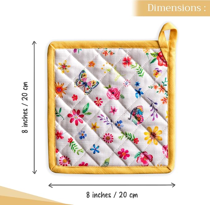 Maison d' Hermine Pot Holders 100% Cotton Potholders (8" x 8", Pack of 2) | Heat Resistant Hot Pads with Loop BBQ Cooking Farmhouse Kitchen Handling Hot Pans Spring Summer - Happy Florals - Sweety