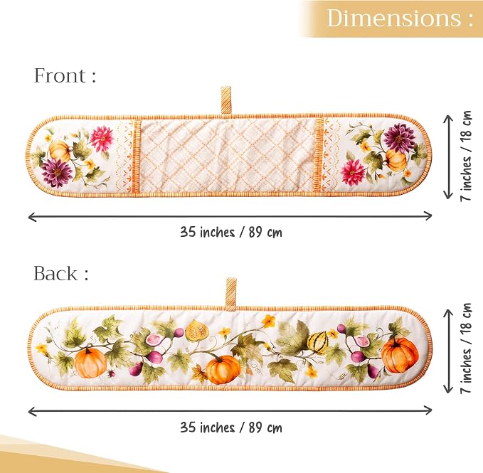 Maison d' Hermine Double Oven Mitts 100% Cotton Double Oven Glove (7"x35") | Heat Resistant Cooking Gloves with Loop Baking Kitchen Home Farmhouse Thanksgiving Christmas - Pumpkin Garden - Cloudy Cream