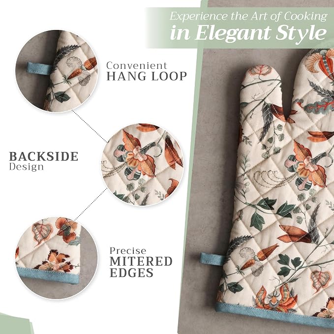 Maison d' Hermine 100% Cotton Oven Mitt & Pot Holder Set (7.5"x13" & 8"x8") | Heat Resistant BBQ Cooking Gloves with Loop Baking Grilling Kitchen Hotel Home Farmhouse Thanksgiving Christmas - Dalida