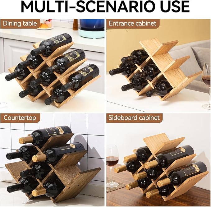 KIRIGEN Wooden Wine Rack, 8-Bottle 3-Tier Countertop Wine Holder, Natural | 16.73 x 5.91 x 11.14 In, Holds 8 Standard Wine Bottles for Cabinets, Pantry Shelves, and Kitchen Counter, Assembly Required