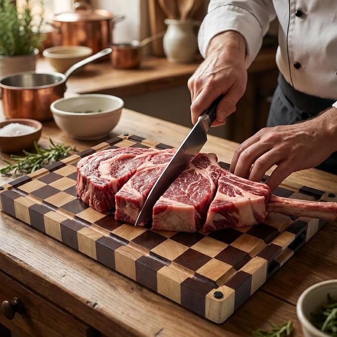 Checkered End Grain Cutting Board with Juice Groove & Handle | 17" x 12" x 1.2" Thick | Acacia & Rubber Wood | Reversible End Grain | Juice Groove | Meat, Bread & Vegetable Prep
