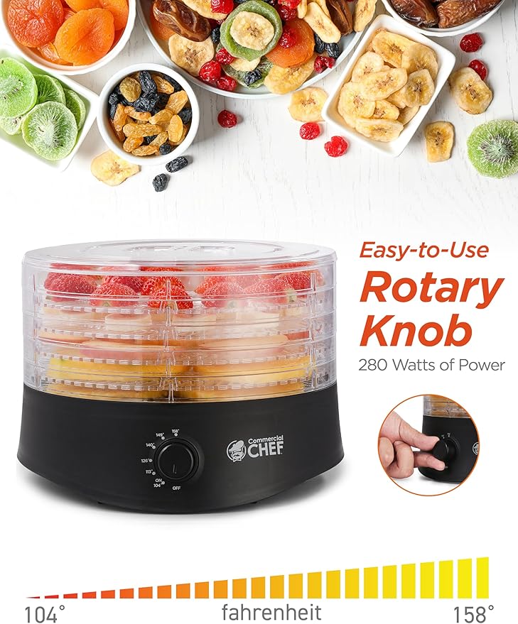 Commercial Chef Food Dehydrator, Five 9.25” BPA-Free Trays, CCD100B6, Black | Dehydrates and Dries Meat, Fruit, Veggies and Jerky, 280W Dehydration Machine, Adjustable Thermostat