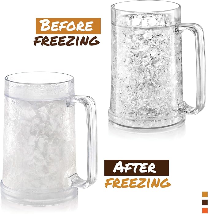 luxail Beer Mugs For Freezer, Double Wall Insulated Plastic Beer Glasses – Freezer Mugs, 16 oz – Perfect Frozen Beer Mugs for Home Bar Accessories, Gifts for Men, 2 Pack