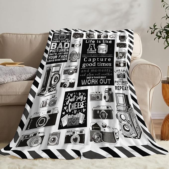 Yibuda Retro Camera Blanket Photography Flannel Plush Throw Blanket Cozy Black White Decor Fleece Stuff Blanket Gifts for Lover Girls Boys Kids Adults Women Bed Travel 40"x50"