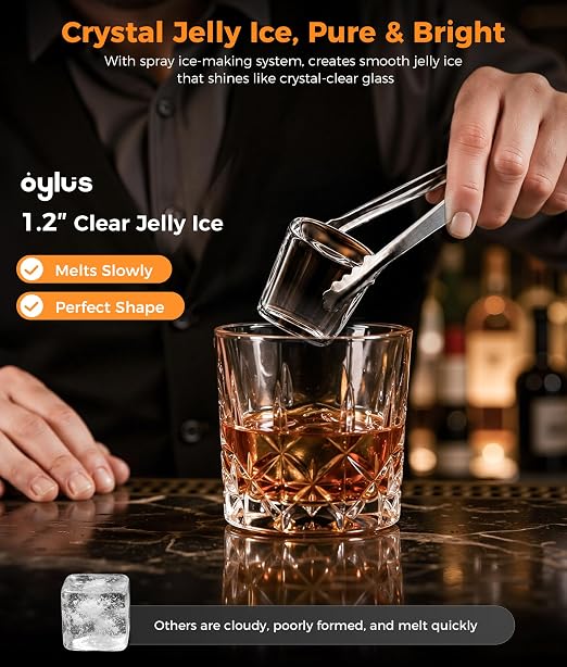 Clear Ice Cube Maker - 8 Crystal 1.2" Large Jelly Ice in 20Mins, 24H Timer, Full Bin &Water Shortage Alert, Self-Cleaning, with 10 Adjustable Ice Sizes for Home Whiskey, Cocktails, and Bourbon