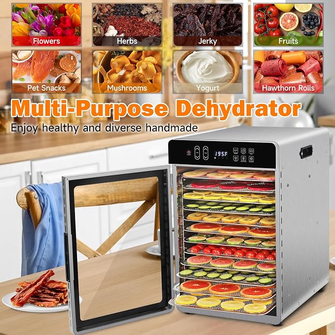 SUCISENI Food Dehydrator Machine for Jerky 11ft², 12 Trays 1000W Stainless Steel Dehydrator with 24H Timer 195℉ Temperature Control, Food Dryer Dehydrated for Meat, Fruits, Veggies, Dog Treats