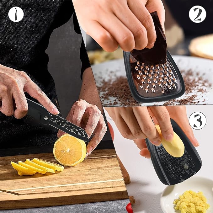 Kitchen Gadgets Set 6 Piece, Space Saving, Portable, Black | Stackable Gadgets Utensils, Grater, Bottle Opener, Pizza Cutter, Peeler, Paring Knife, Garlic Grinder, Storage Bag