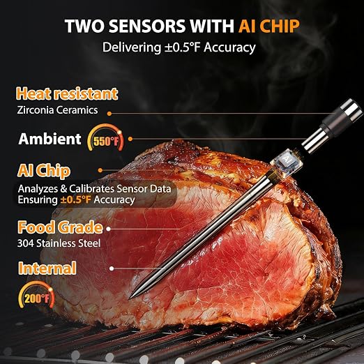 Smart Bluetooth Wireless Meat Thermometer with 2 Thin Probes | Standalone Display Base, Backlit LCD display, Certified Accuracy ±0.5°F, BBQ Smoker Grill Oven, Brisket Steak Turkey Pork
