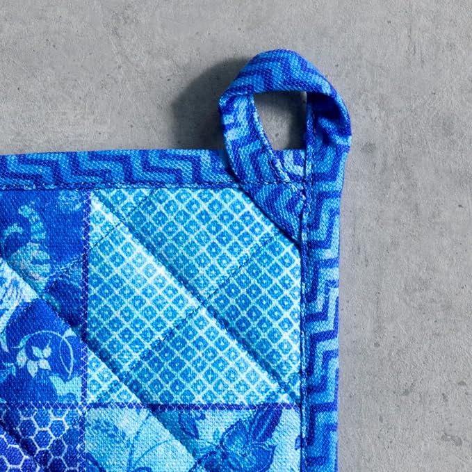 Maison d' Hermine Pot Holders 100% Cotton Potholders (8" x 8", Pack of 1) | Heat Resistant Hot Pads with Loop BBQ Cooking Baking Farmhouse Kitchen Handling Hot Pans Spring Summer - Indigo Love