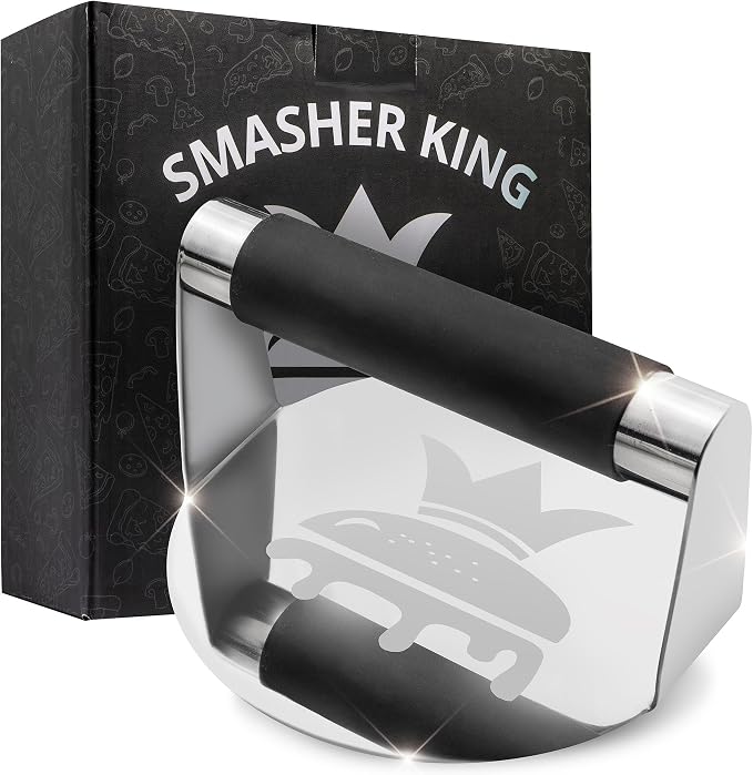 SMASHER KING™ - Mirror Polished Stainless Steel Smash Burger Press | Hamburger Smasher Tool for Griddle Cooking - Heat Resistant Handle Grill Press and Meat Weight - Burger Patty Maker
