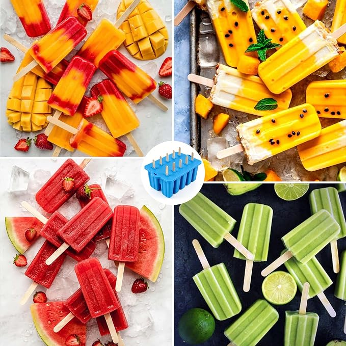 10-Cavity Silicone Popsicle Molds, BPA Free Homemade Ice Pop Maker, Blue | BPA Free Non-Stick, Easy Release, Comes with 100 Sticks, Bags, Brush & Funnel,Ideal for DIY Frozen Desserts,Kids & Home Use