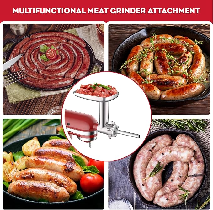 Meat Grinder & Stainless Steel Slicer Shredder Attachment for KitchenAid | Includes Metal Food Grinder Attachment with Sausage Stuffer Tubes and Salad Machine Accessory by InnoMoon