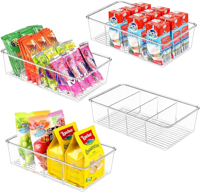 ZIZOTI Snack Organizer for Pantry Shelf, 4 Pack Clear Plastic Pantry Storage Bins with 3 Dividers for Snacks, Spices, Chips Food Organizer, Stackable Pantry Organizers for Kitchen, Fridge, Cabinet