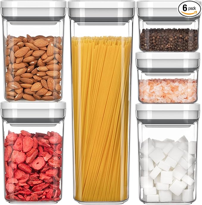 MR.SIGA 6 Piece Airtight Food Storage Container Set for Pantry Organization | BPA Free, stackable, one-handed kitchen storage containers for cereals, spaghetti, pasta, white