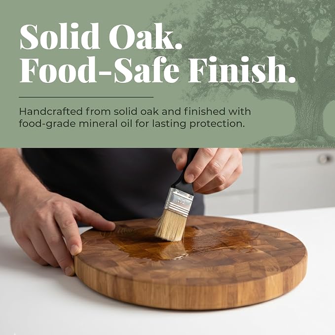 End Grain 12" Round European Oak Wood Cutting Board, Butcher Block, Wooden Chopping Board with Non-Slip Feet & Handles, Charcuterie Board, Knife-Friendly, Serving Cutting Board for Kitchen