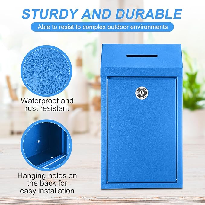 Yaocom Metal Money Box,Blue,10.24 x 5.71 x 2.95 Inch,No Lid | Wall Mounted Drop Donation Cash Box for Farm Stand Collection Safe Suggestion Box with Lock Container for Home Office Outdoor