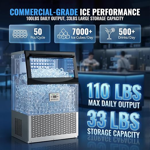 Commercial Ice Maker Machine, 110LBS/24H with 50 Ice Cubes, 33LBS Ice Storage Capacity, Stainless Steel Freestanding & Under Counter Ice Maker with Water Filter for Home, Bar, Cafe, Outdoor