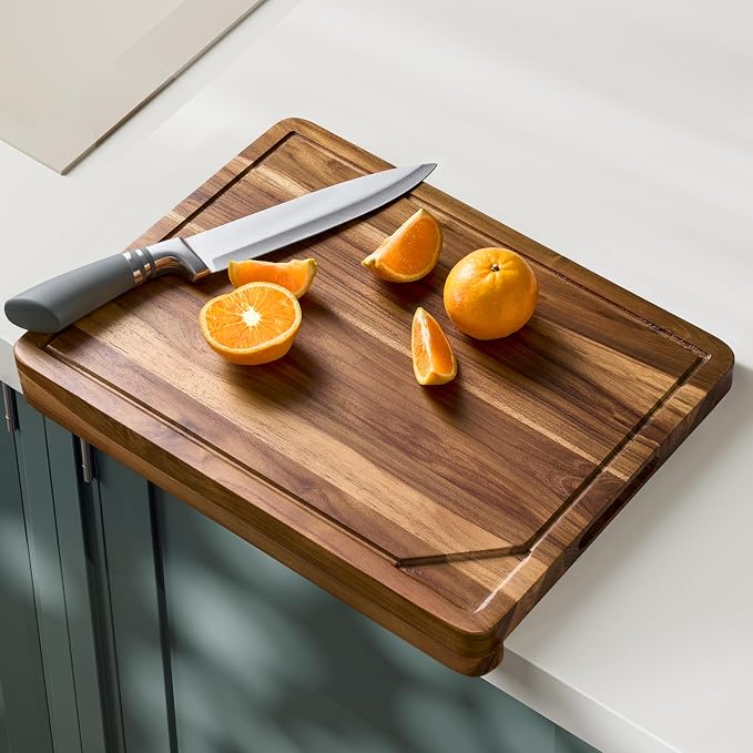 TIDITA Teak Wood Cutting Board with Lip, 16” x 12”, Handles, Easy Assemble | Solid Teak Wood, 16"x12" Cutting Board, Counter Lip Edge, Integrated Handles, Reversible Multi-Purpose Design. Juice Groove
