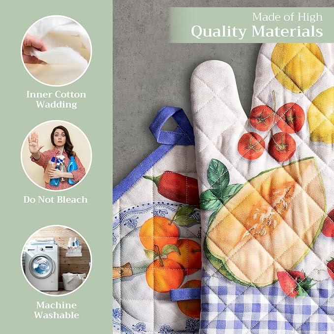 Maison d' Hermine 100% Cotton Oven Mitt & Pot Holder Set (7.5"x13" & 8"x8") | Heat Resistant BBQ Cooking Gloves with Loop Baking Grilling Kitchen Hotel Home Farmhouse Spring Summer - Gourmand