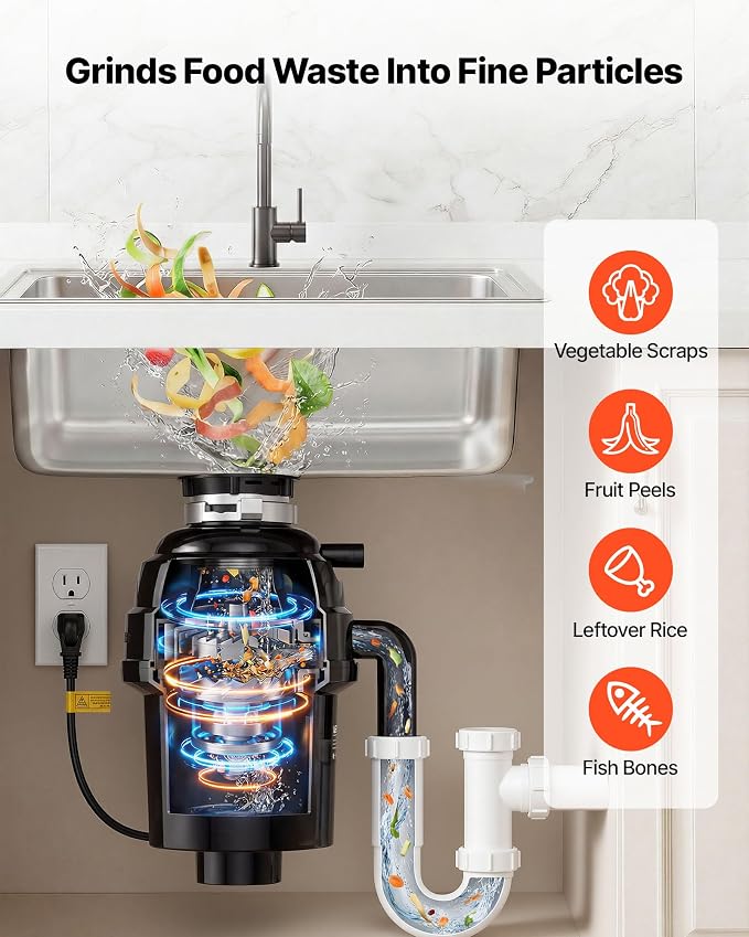 VEVOR Food Waste Garbage Disposal, 1HP 3500RPM DC Motor, Continuous Feed Kitchen Sink Garbage Disposer, EZ Connect Food Waste Grinding System with Sound Reduction & Power Cord for Kitchens