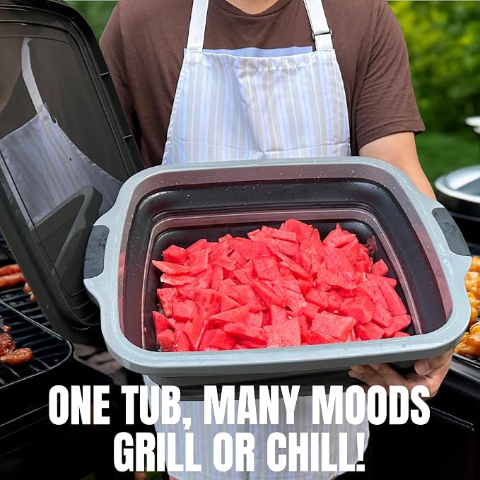 Collapsible X-Large (16L) BBQ Marinating Tub w/ Cutting Board | Multipurpose Food-Grade TPE Prep Tub w/ Lid | Built-In Colander & Drain Plug - For Camping | Tailgate | Picnic - Slate Black
