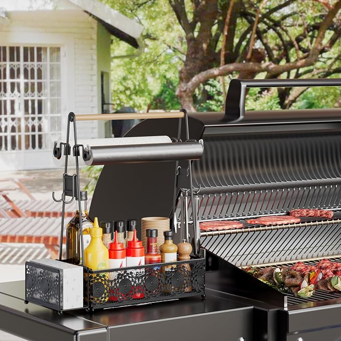 EKNITEY Outdoor Grill Caddy Organizer: BBQ Caddy with Paper Towel Holder | Metal, Camping Kitchen Accessories Rack, Utensil Condiment Storage, Floral Design, Easy Assembly, for Patio Camper Picnic RV