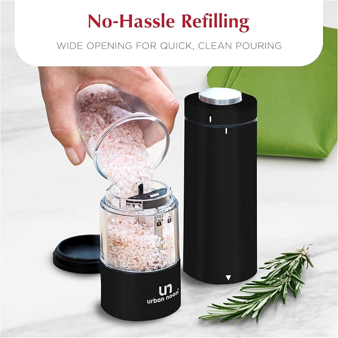 urban noon Electric Salt and Pepper Grinder Set (2 Mills, 8.1" Tall) - One-Handed Push-Button Mills with LED Light, Adjustable Ceramic Coarseness, Gift-Ready Box, 1-Year Warranty - Black & White