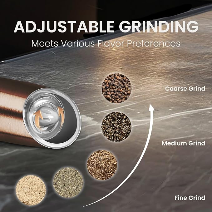 Battery Operated Salt And Pepper Grinder Set with LED Light, Automatic Electric Gravity Salt And Pepper Shakers Set, Each 6 AAA Batteries Needed, Adjustable Roughness, 2 Pack (Copper)