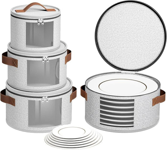 4-Piece Set China Storage Containers, Dish Storage with Clear Windows, Hard Shell Plate Storage Containers with Handles, Stackable Sturdy Dish Packing Supplies for Moving & Protection, Light Gray