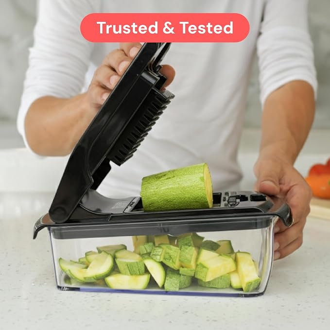 Fullstar Pro Original Vegetable Chopper & Mandoline Slicer Kitchen Gadget | 6 in 1 Veggie Slicer, Onion & Fruit Cutter with Sharp Stainless Steel Blades & Container, All-in-One Meal Prep Tool (Black)