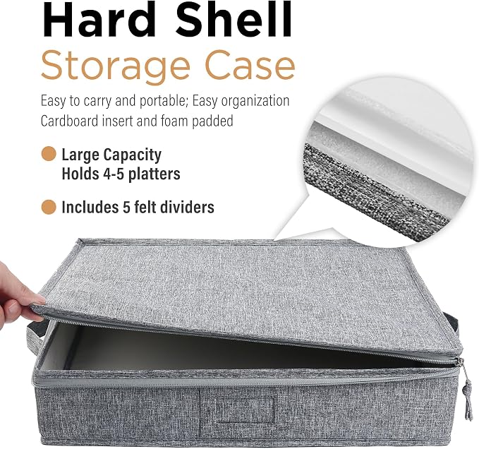 LotFancy Platter Storage Case, Hard Shell, China Storage Container for Moving, 17x13x3.5 in, 5 Felt Dividers Included