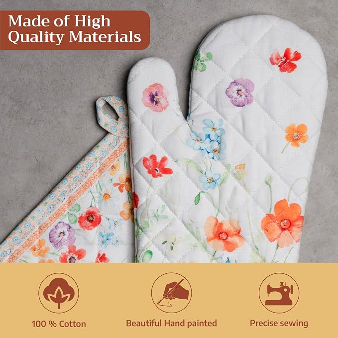 Maison d' Hermine 100% Cotton Oven Mitt & Pot Holder Set (7.5"x13" & 8"x8") | Heat Resistant BBQ Cooking Gloves with Loop Baking Grilling Kitchen Hotel Home Farmhouse Spring Summer - Summer Whisper