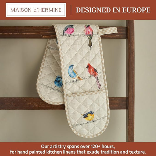 Maison d' Hermine Double Oven Mitts 100% Cotton Double Oven Glove (7"x35") | Heat Resistant BBQ Cooking Gloves with Loop Baking Grilling Kitchen Hotel Home Farmhouse Spring Summer - Birdies on Wire
