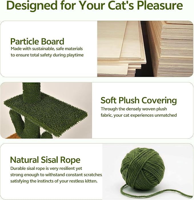 Cactus Cat Climbing Furniture Set with Floor to Ceiling Cat Tree | 5 Tier Cat Tower Adjustable Height (87-104in) and Wall Mounted Cat Shelves, with Cat Scratching Posts, Hammock, Condo, Green