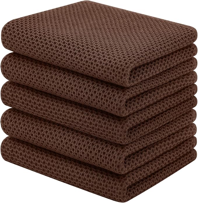 Homaxy 100% Cotton Waffle Weave Kitchen Towels, 5-Pack, Coffee | 13 x 28 Inches, Ultra Soft Absorbent Dish Towels, Quick Drying Cleaning Towels