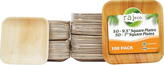 Raj Palm Leaf Plates Plates like Bamboo plates Disposable, Decorative Compostable Tableware for wedding, Lunch, Dinner, Birthday, Camping, Outdoor BBQ, Picnic (9.5"x50 7"x50 (100 Pack))