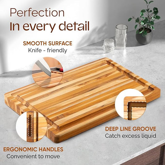 Yes4All Durable Teak Cutting Boards for Kitchen, [20''L x 15''W x 1.5” Thick] Large Edge Grain Cutting Board, Pre Oiled Wood Cutting Boards, Thick Chopping Board w/Juice Grooves and Easy Grip Handle