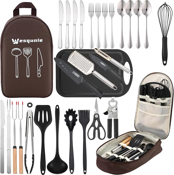 Wesqunie Camping Cookware Cooking Utensils Set - 30Pcs Camp Kitchen Essentials Set, Portable Outdoor Camper Gear Accessories, Stainless Steel & Silicone, Overland Equipment for RV Picnic Grill | Portable Camping Essentials, Stainless Steel Cookware Kit...
