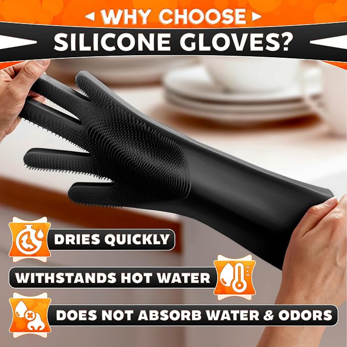 ALPENKOK Silicone Dishwashing Gloves with Scrubber – Non-Slip Silicone Gloves for Washing Dishes | Household Use